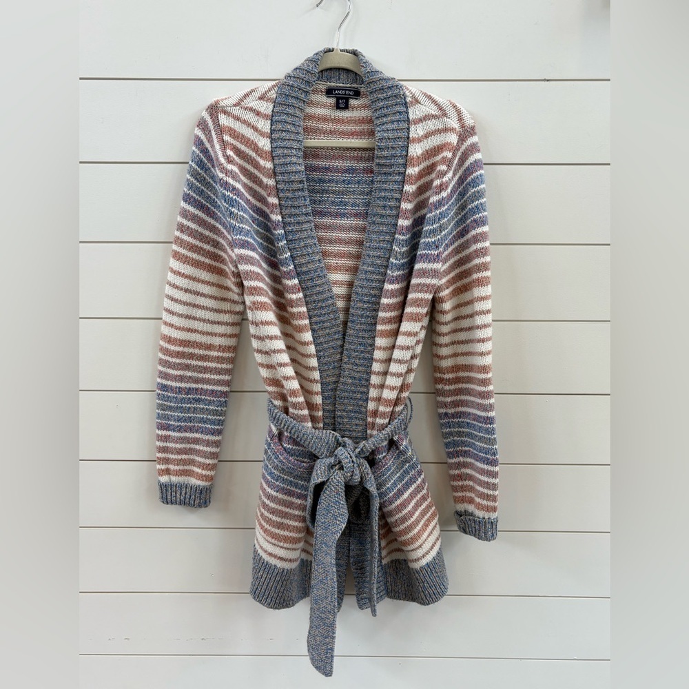 Lands' End Cream Cardigan with Blue and Rose Stripes, Belted Open Front